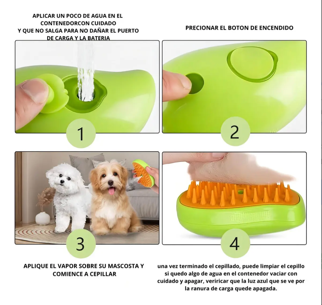 Cepillo a Vapor para Perros 3 en 1 | Recargable USB | 4Patitas