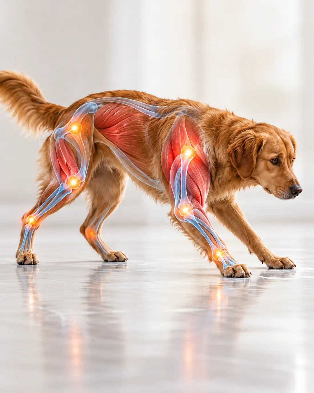 Perro sobre piso liso: músculos y articulaciones hacen fuerza para sostenerlo